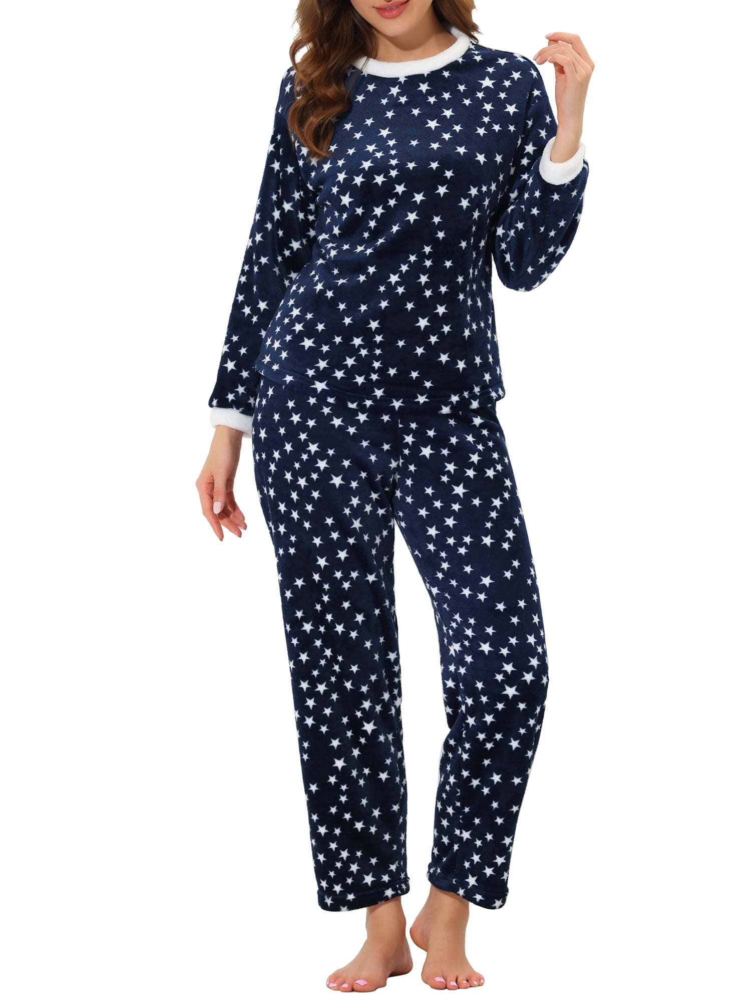 Unique Bargains Women's Heart Star Warm Plush Fleece Top and Pants Pajamas Set XS Blue
