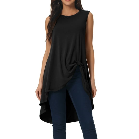 DARING DIVA Women's High Low Hem Crew Neck Sleeveless Tunic Top Black L