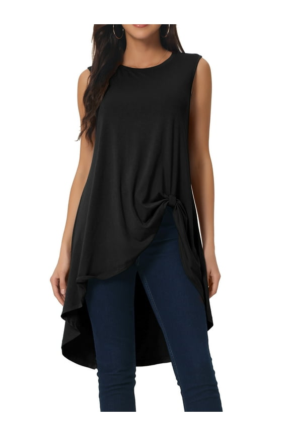 Women's High Low Hem Crew Neck Sleeveless Tunic Top Black M