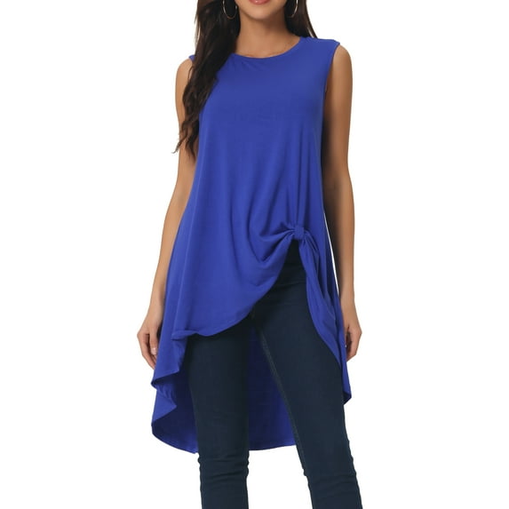 DARING DIVA Women's High Low Hem Crew Neck Sleeveless Tunic Top Royal Blue M