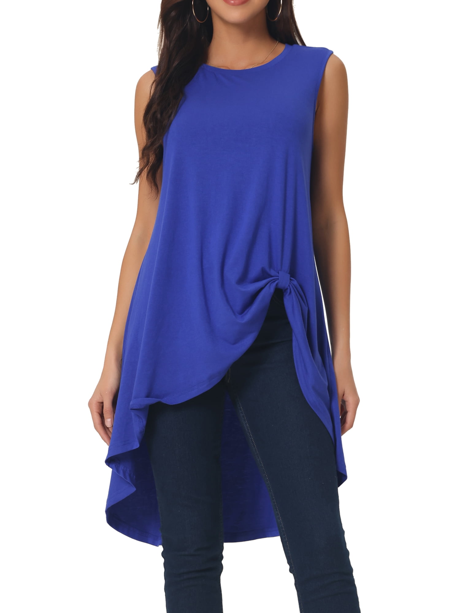 DARING DIVA Women's High Low Hem Crew Neck Sleeveless Tunic Top Royal Blue S