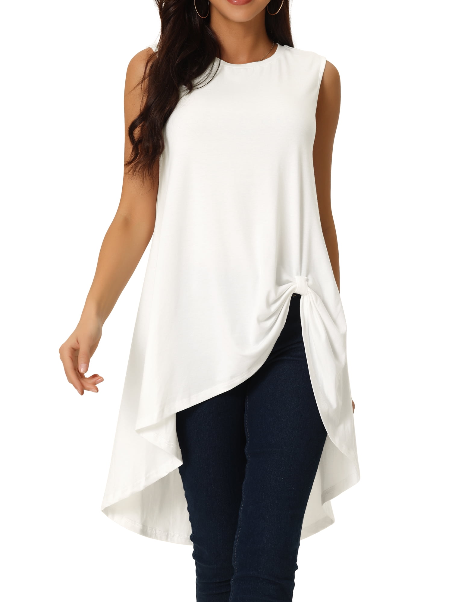 DARING DIVA Women's High Low Hem Crew Neck Sleeveless Tunic Top White S