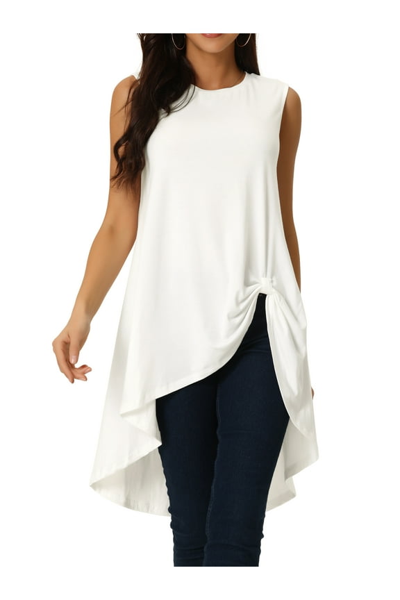 DARING DIVA Women's High Low Hem Crew Neck Sleeveless Tunic Top White XL