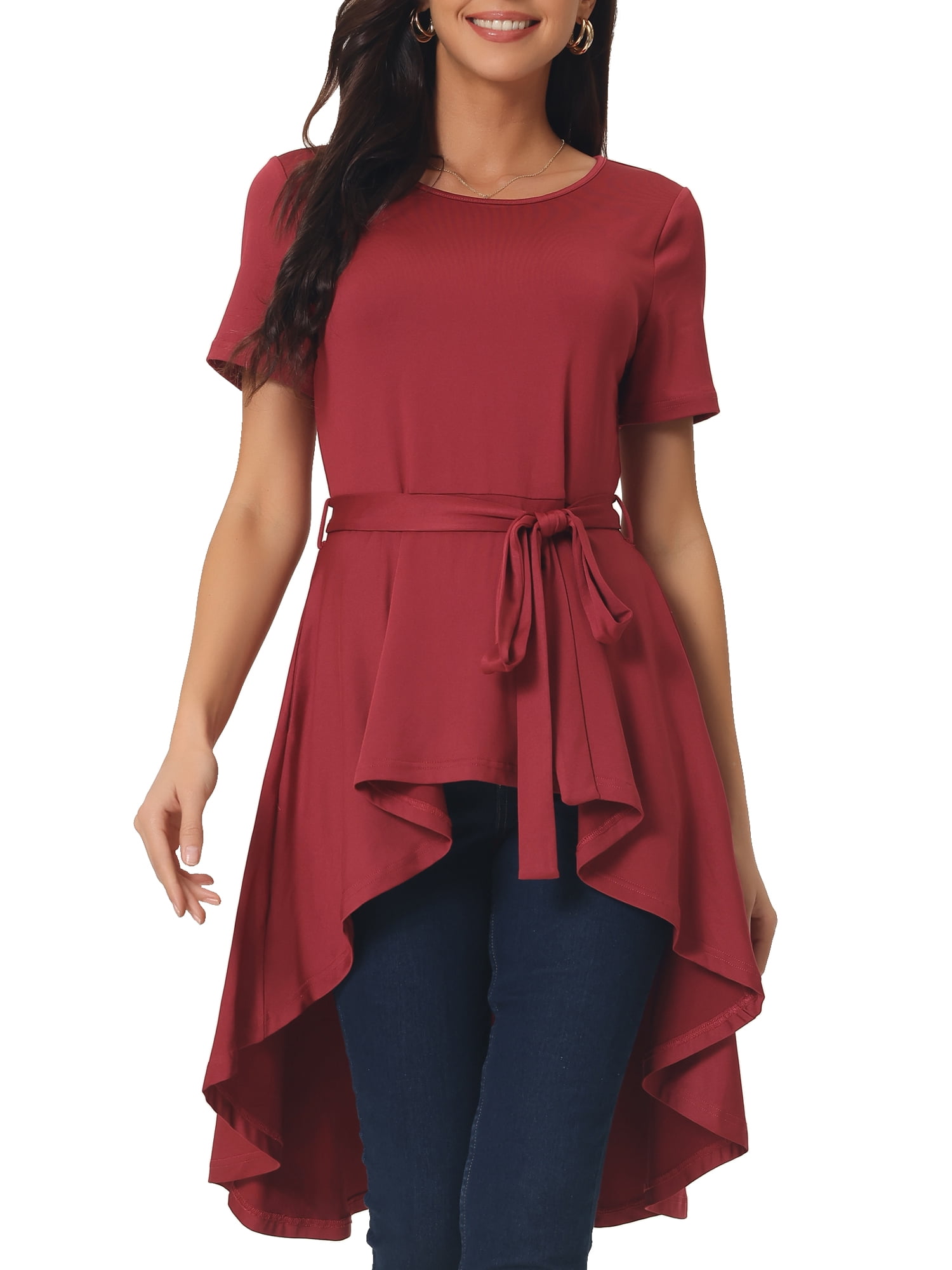 Unique Bargains Women's High Low Hem Tie Waist Asymmetrical Irregular Hem Blouse XL Wine Red
