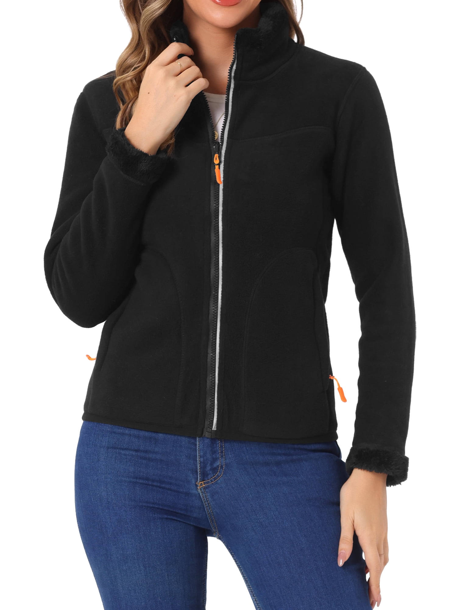 Unique Bargains Women's High Neck Full Zip Fleece Jacket Coat L Black