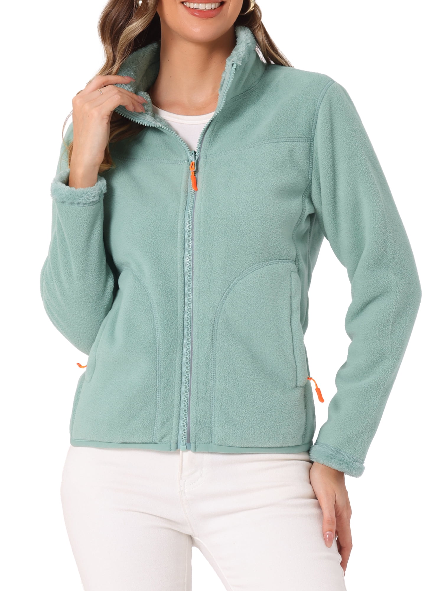 Unique Bargains Women's High Neck Full Zip Fleece Jacket Coat M Green