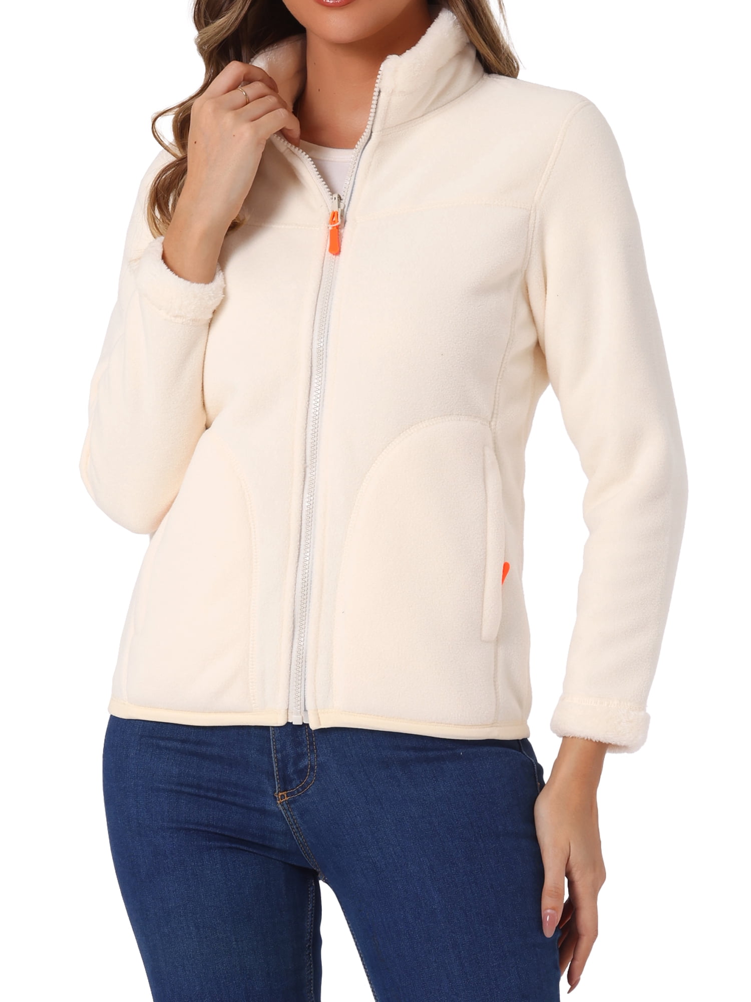 Unique Bargains Women's High Neck Full Zip Fleece Jacket Coat S White