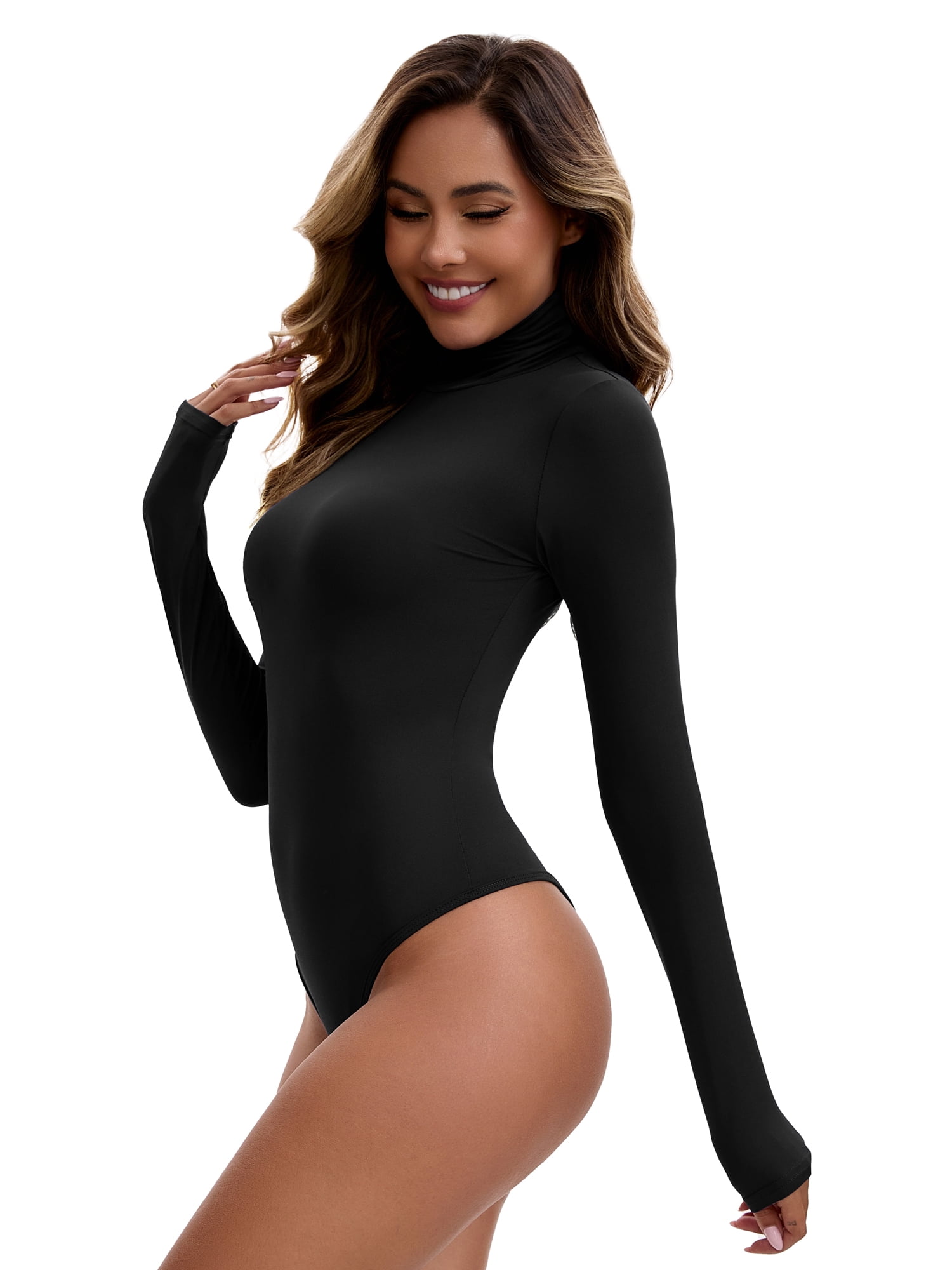 Unique Bargains Women's High Neck Tops Slim Fit Bodysuit Jumpsuit S Black