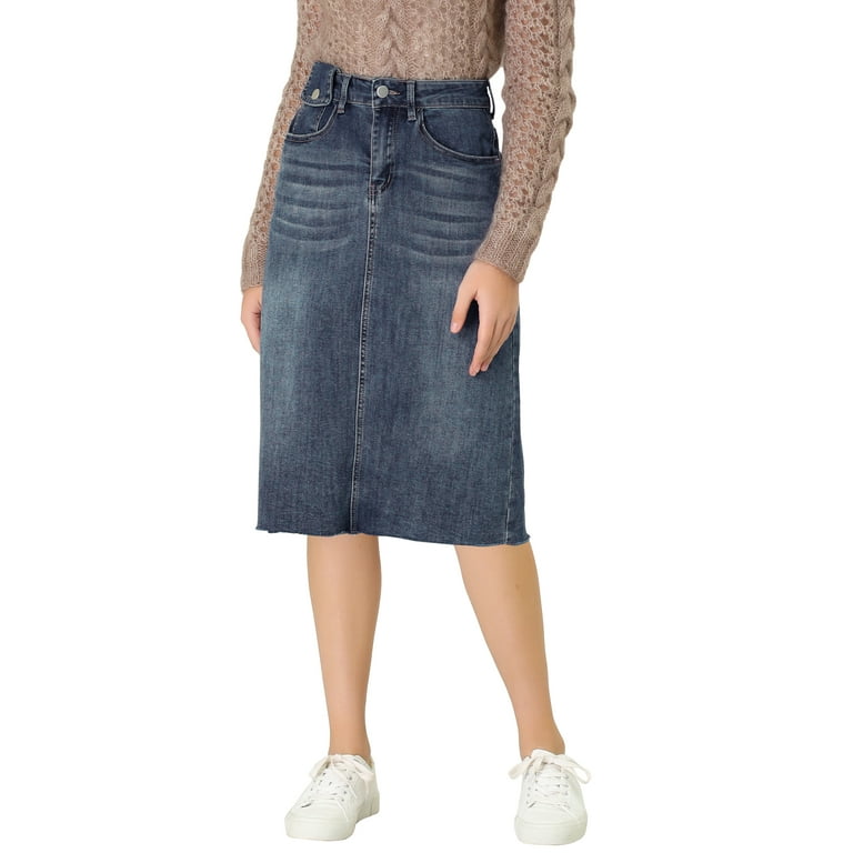 Unique Bargains Women s High Waist Jean Back Vent Midi Length Denim Skirts XL Blue Walmart