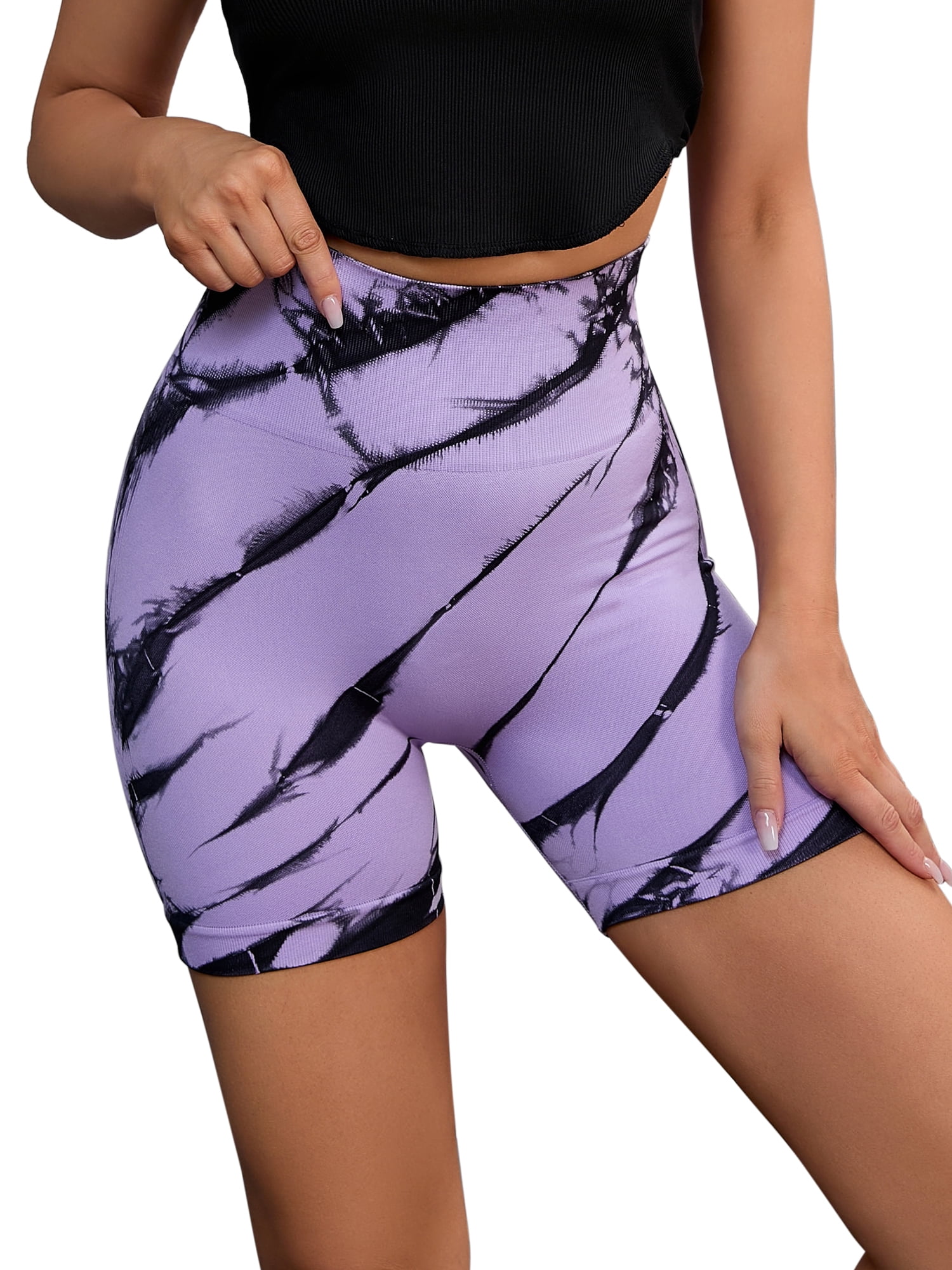Unique Bargains Women's High Waist Tie Dye Biker Shorts Thigh Shapers Shorts M Purple