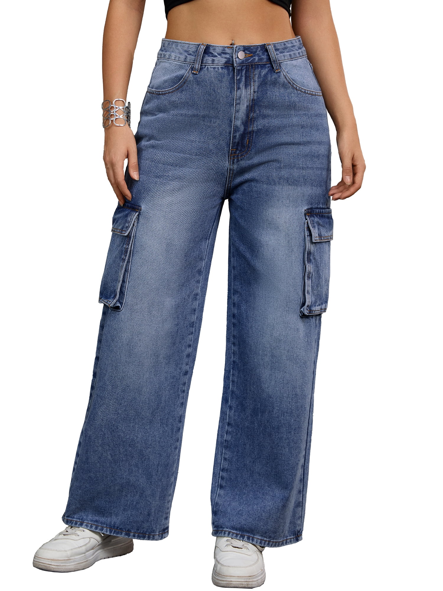 Unique Bargains Women's High Waisted Casual Wide Leg Baggy Denim Pants L Blue