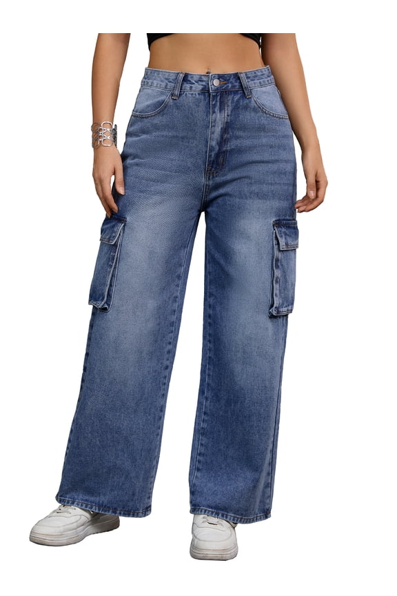 Women's High Waisted Casual Wide Leg Baggy Denim Pants M Blue