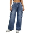 thumbnail image 1 of Unique Bargains Women's High Waisted Casual Wide Leg Baggy Denim Pants S Blue, 1 of 7