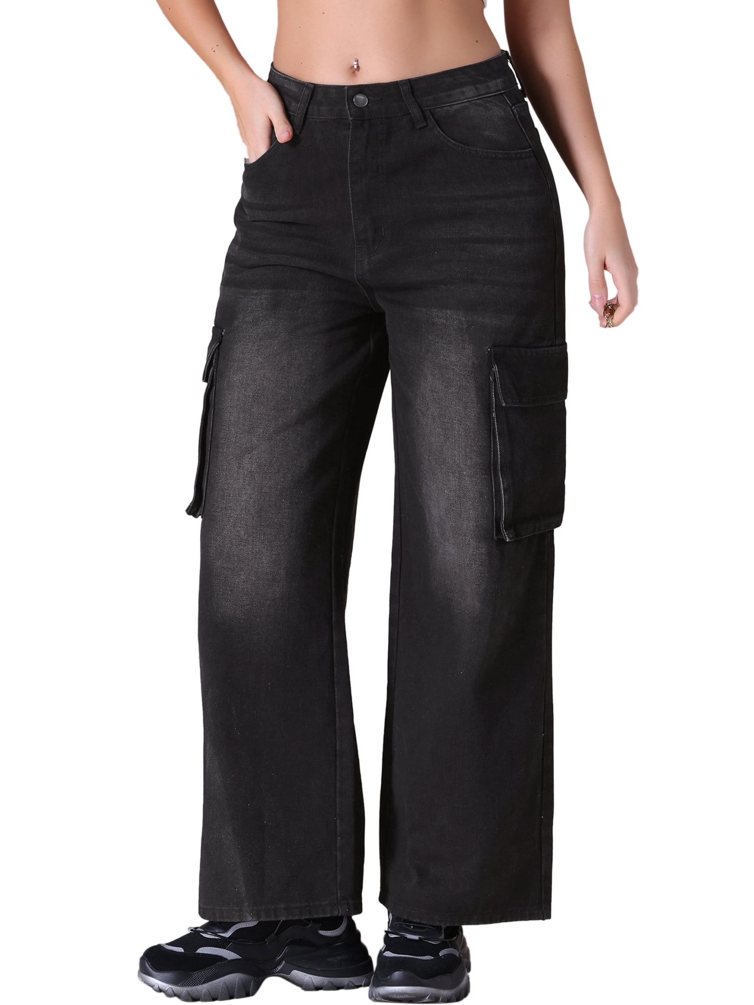 Unique Bargains Women's High Waisted Casual Wide Leg Baggy Denim Pants XL Black