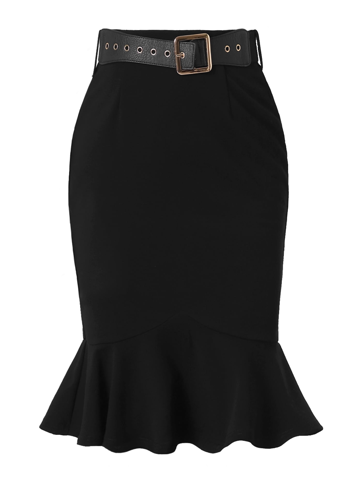 DARING DIVA Women's High Waisted Mermaid Ruffle Hem Pencil Skirts with Belt L Black