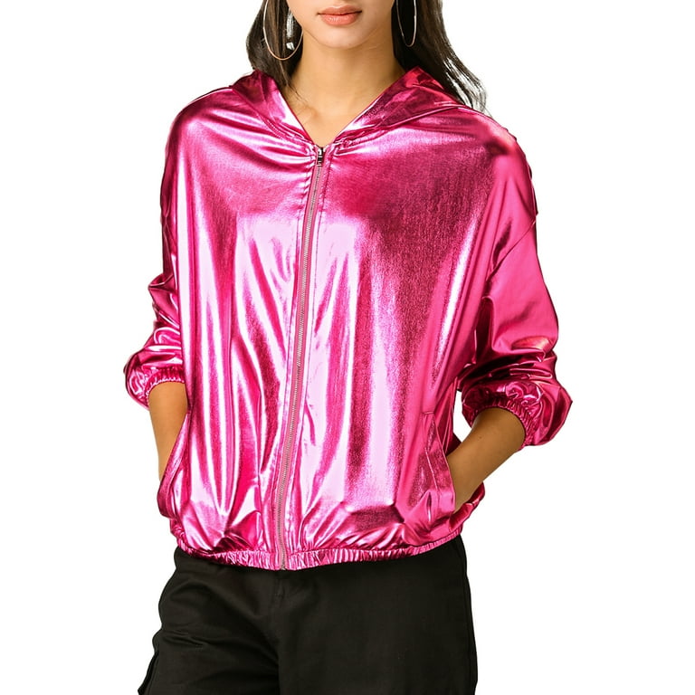 Unique Bargains Women s Holographic Shiny Zipper Hooded Metallic