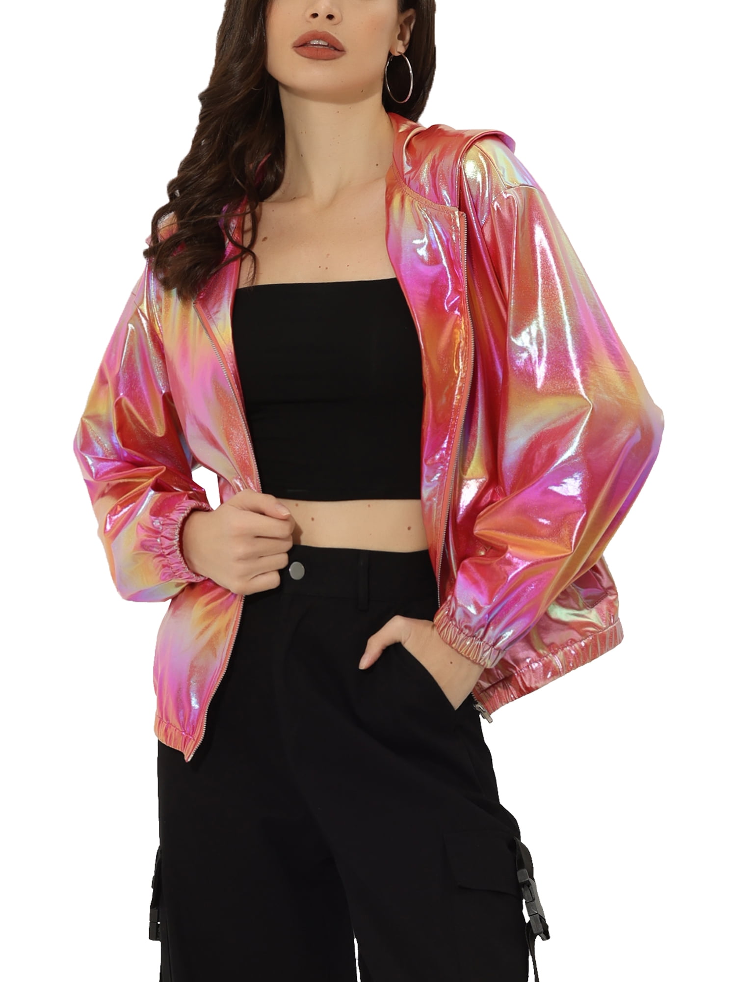 Unique Bargains Women s Holographic Shiny Zipper Hooded Metallic