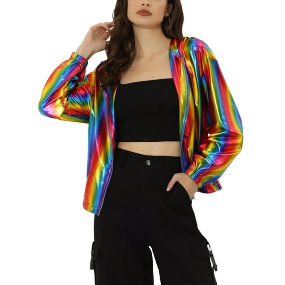 Unique Bargains Women's Holographic Shiny Zipper Hooded Metallic Jacket XS Multicolor