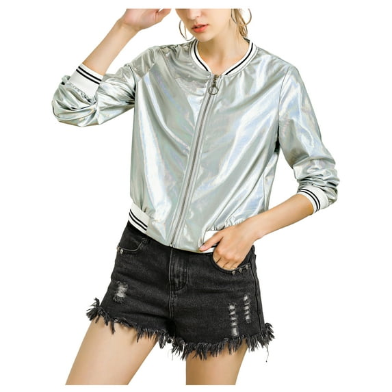 Unique Bargains Women's Holographic Stand Collar Lightweight Bomber Jacket L Light Silver