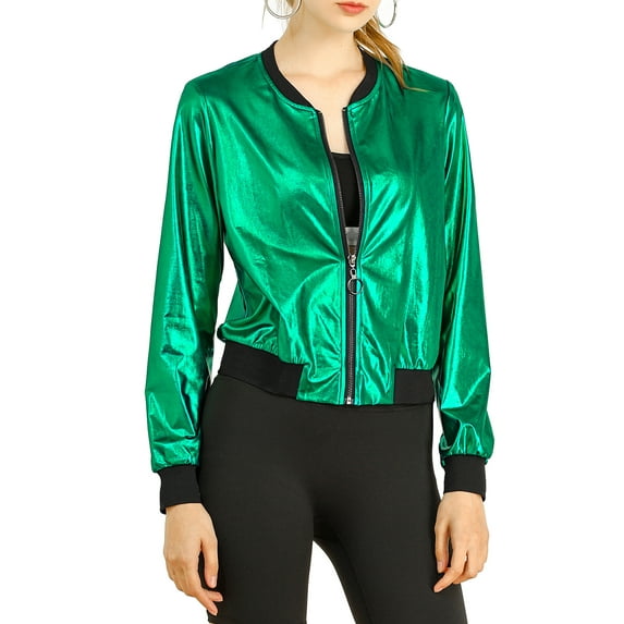 Unique Bargains Women's Holographic Stand Collar Lightweight Bomber Jacket M Green