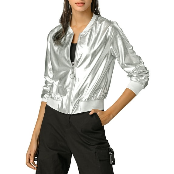 Unique Bargains Women's Holographic Stand Collar Lightweight Bomber Jacket M Silver