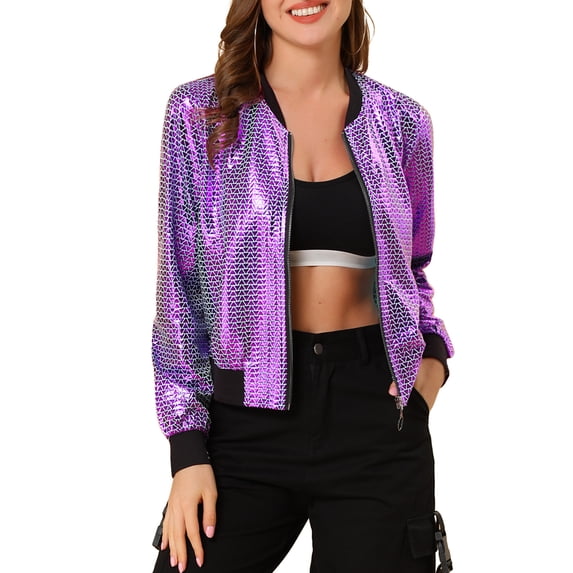 Unique Bargains Women's Holographic Stand Collar Lightweight Bomber Jacket S Purple-1