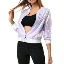 Unique Bargains Women's Holographic Stand Collar Lightweight Bomber Jacket XS Purple