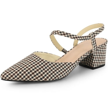 Unique Bargains Women's Houndstooth Slip on Pointed Toe Slingback Chunky Heels Mules