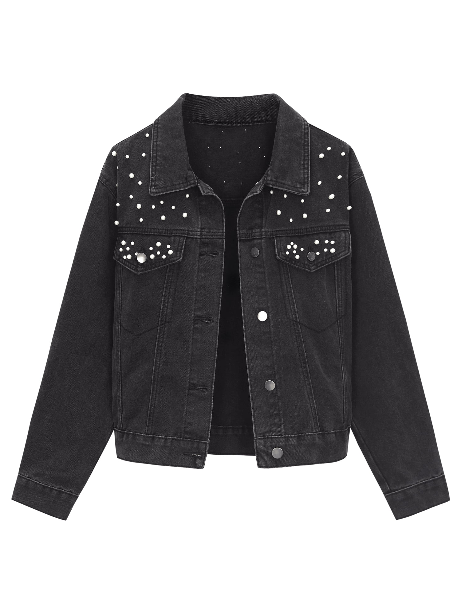 Unique Bargains Women's Jean Jacket Long Sleeve Button Up Denim Jackets L Black