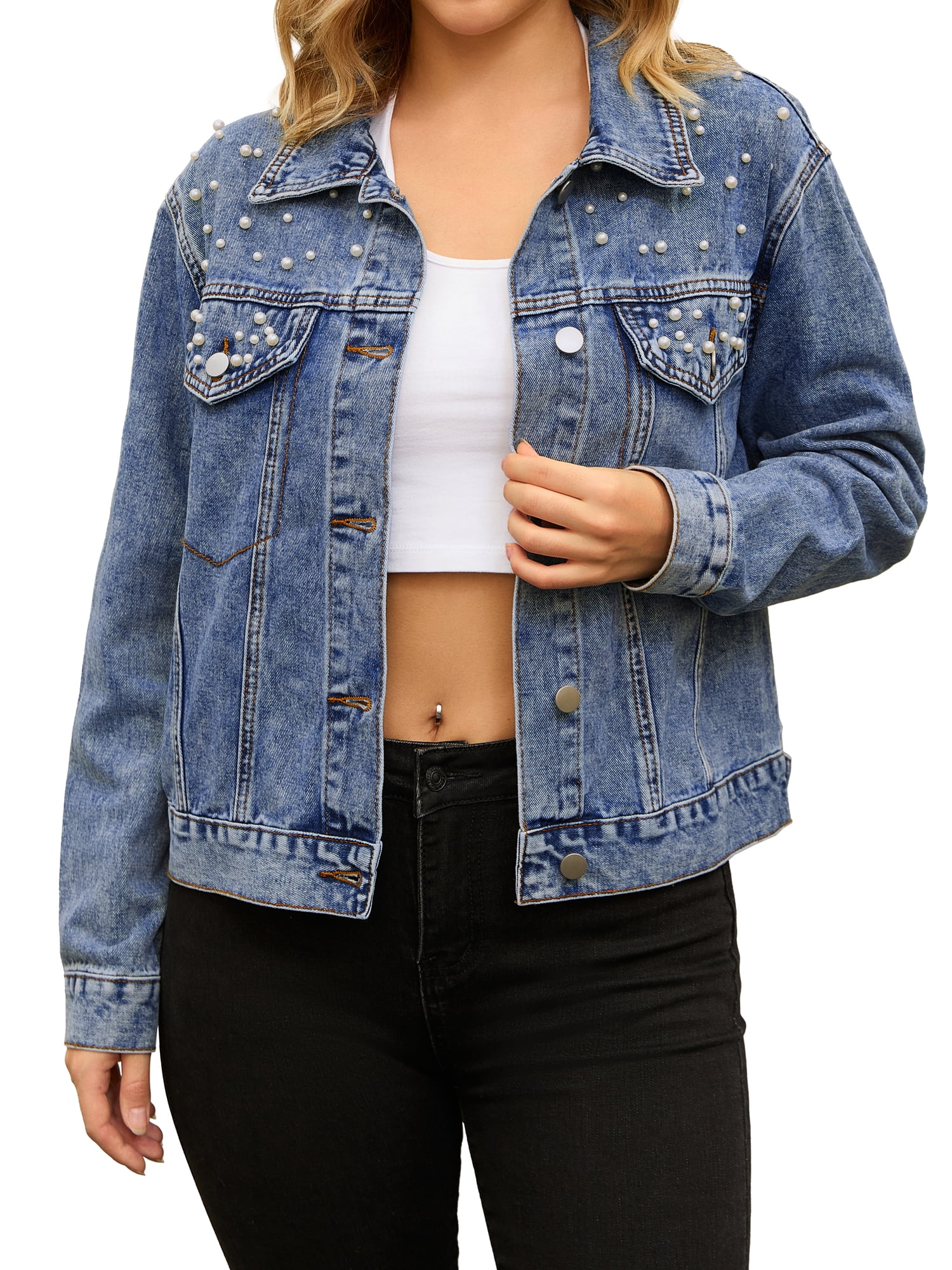 Unique Bargains Women's Jean Jacket Long Sleeve Button Up Denim Jackets M Blue