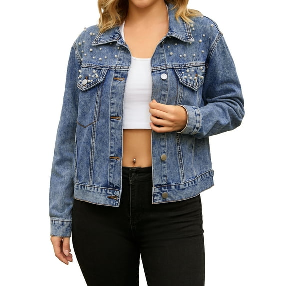 Unique Bargains Women's Jean Jacket Long Sleeve Button Up Denim Jackets S Blue
