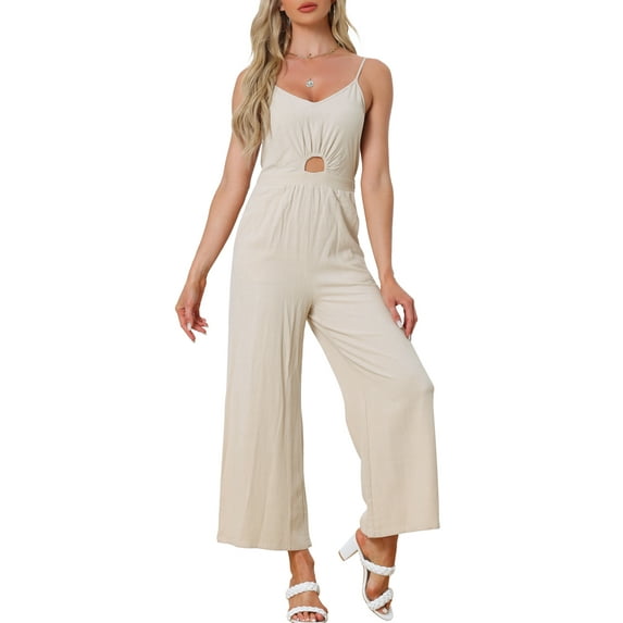 Unique Bargains Women's Jumpsuit Casual Spaghetti Strap Cut Out Wide Leg Romper S Beige