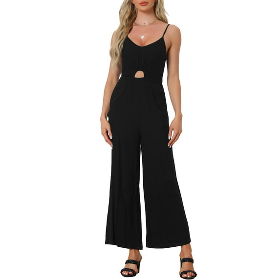 Unique Bargains Women's Jumpsuit Casual Spaghetti Strap Cut Out Wide Leg Romper S Black