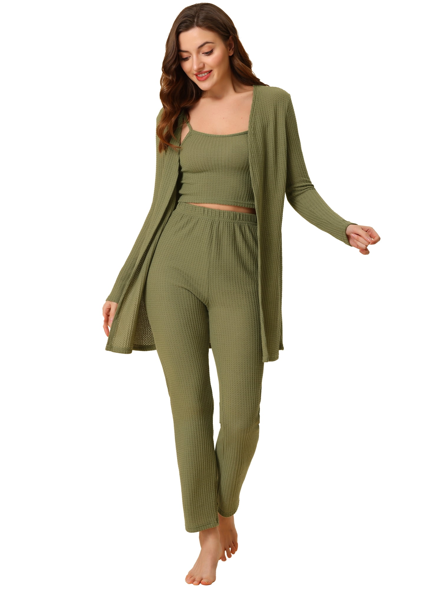 Unique Bargains Women's Knit Lounge Pants Shrug Cardigan 3ps Pajama Sleepwear Sets