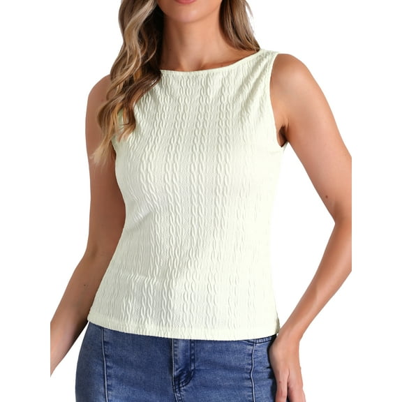 DARING DIVA Women's Knit Sleeveless Boat Neck Fitted Textured Tank Top M Beige