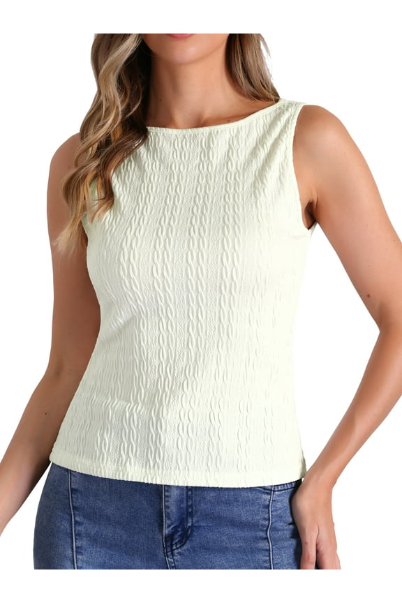 Women's Knit Sleeveless Boat Neck Fitted Textured Tank Top M Beige