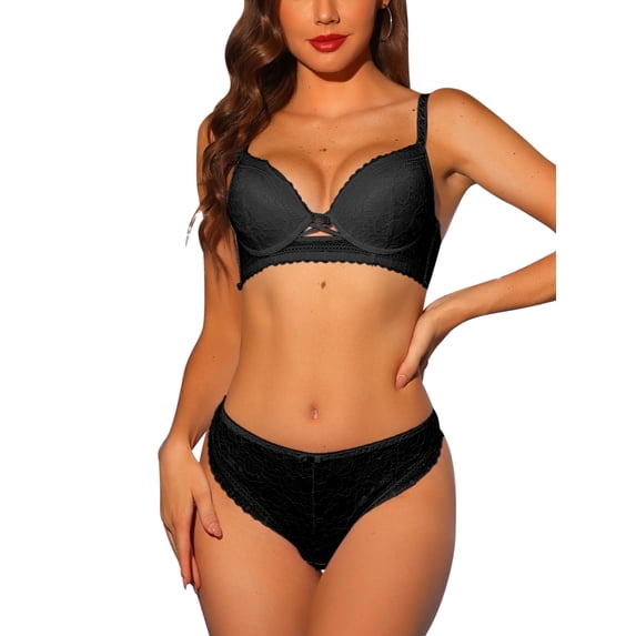 Unique Bargains Women's Lace Bra and Panty Set Full Coverage Underwire Bras Lingerie Sets 36 B Black