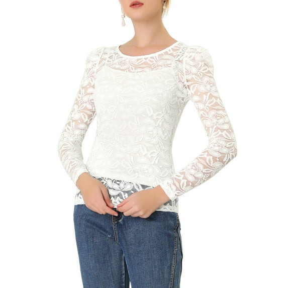 Unique Bargains Women's Lace Embroidery Semi Sheer Puff Sleeve Vintage Top L White