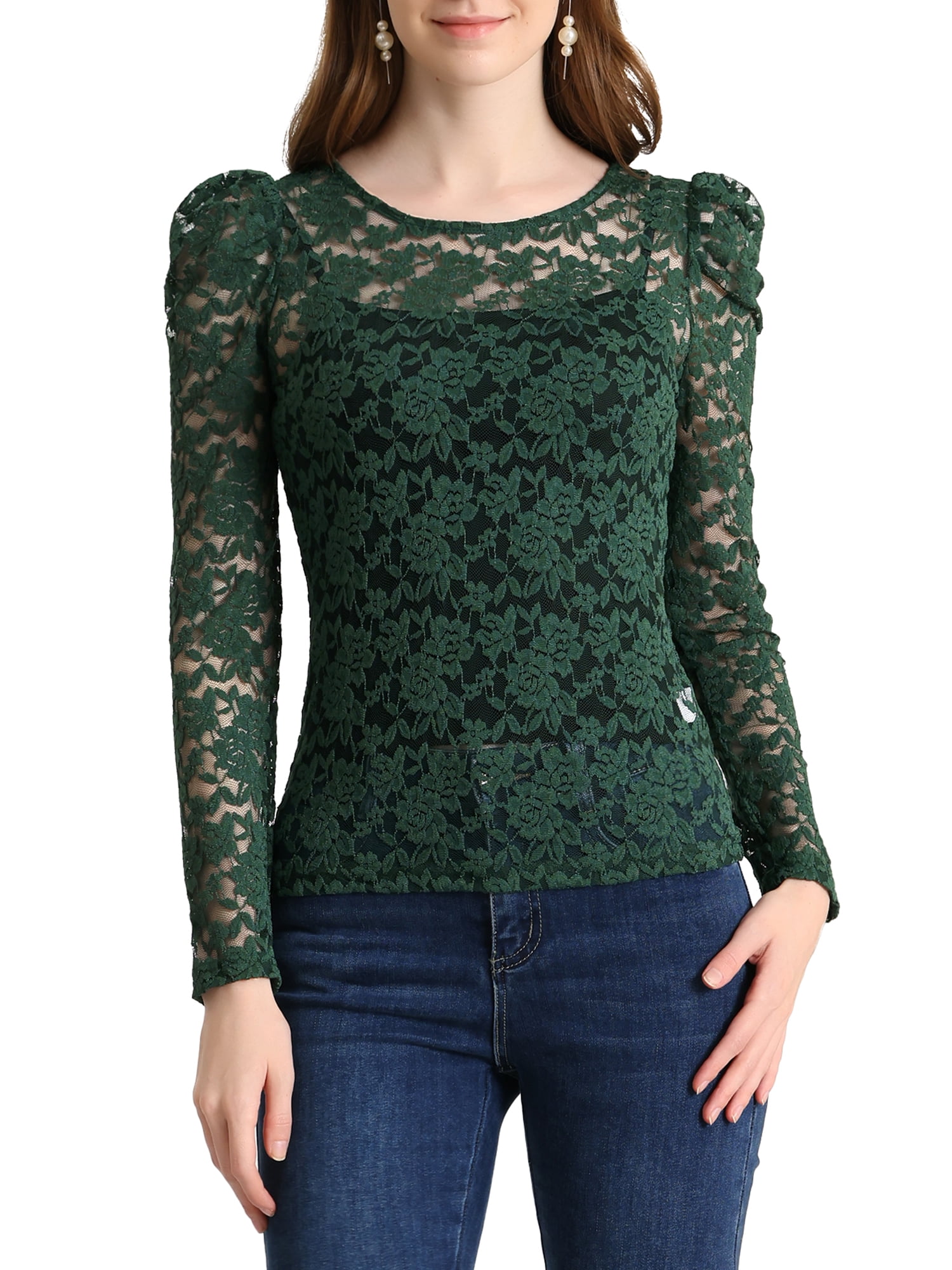 Unique Bargains Women's Lace Embroidery Semi Sheer Puff Sleeve Vintage