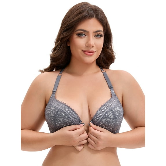 Unique Bargains Women's Lace Front Closure Push Up Underwire Bras Grey 42 C