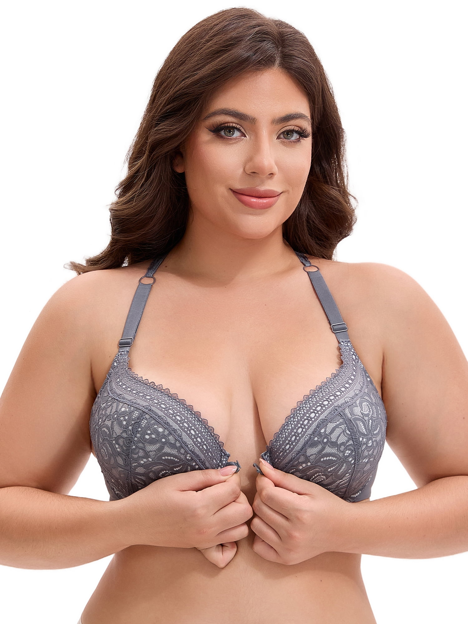 Unique Bargains Women's Lace Front Closure Push Up Underwire Bras Grey 42 D