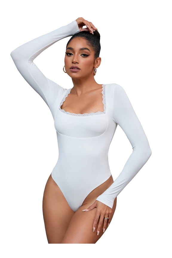 Women's Lace Long Sleeve Shapewear Bodysuit Leotard Jumpsuit L White