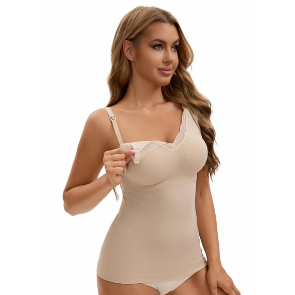 Unique Bargains Women's Lace Maternity Nursing Camisoles with Built-In Bra XL Beige