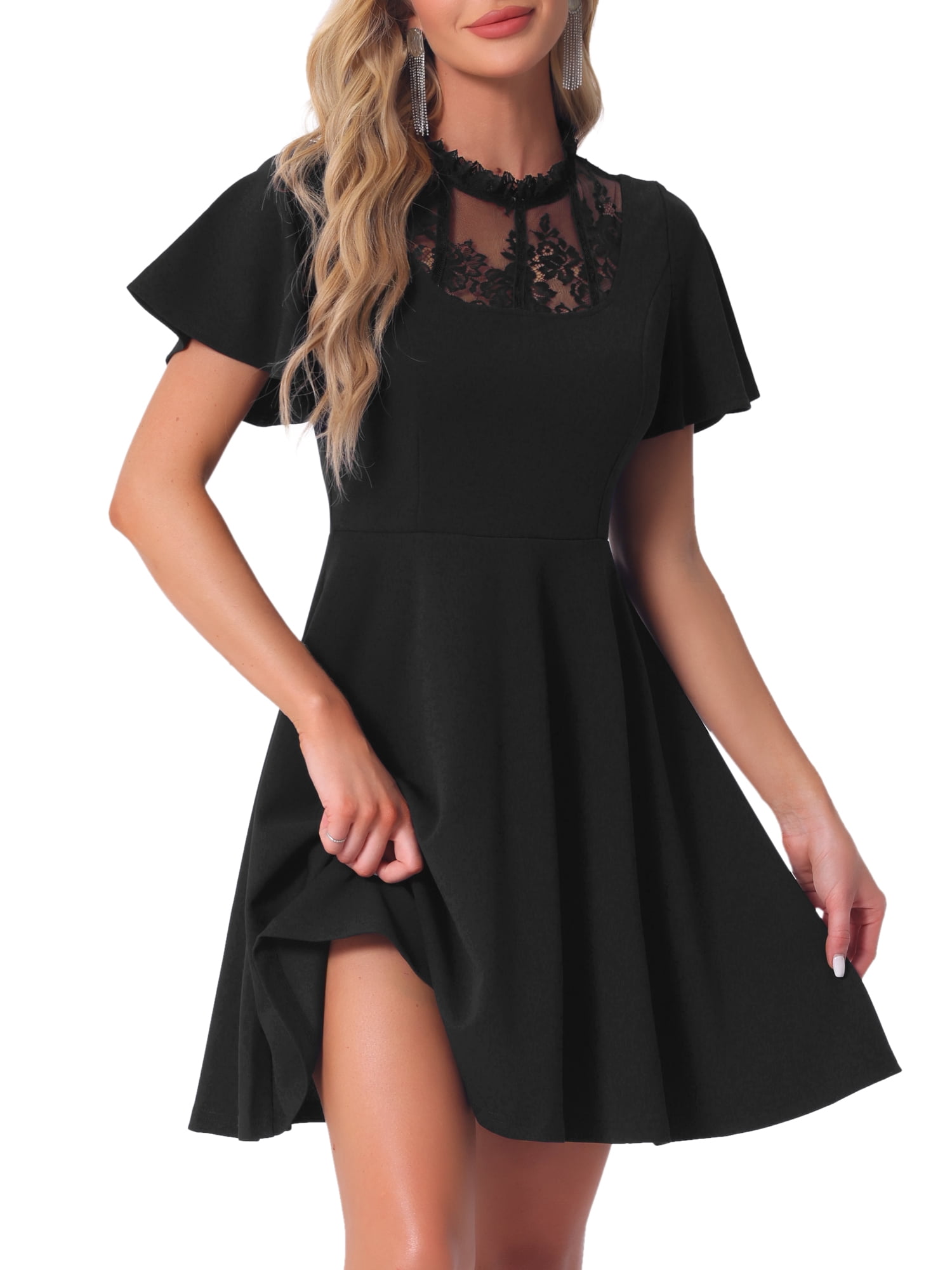 Unique Bargains Women's Lace Mesh Halter Neck Gothic Midi Dresses XL Black