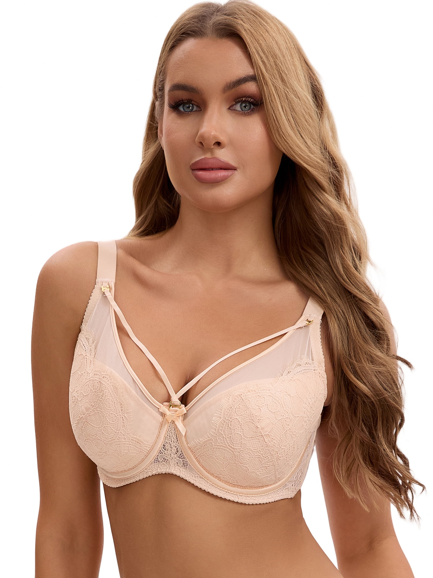 Unique Bargains Women's Lace Mesh Full Coverage Underwire Bras Beige 42 D