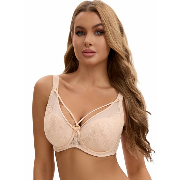 Unique Bargains Women's Lace Mesh Full Coverage Underwire Bras Beige 44 E