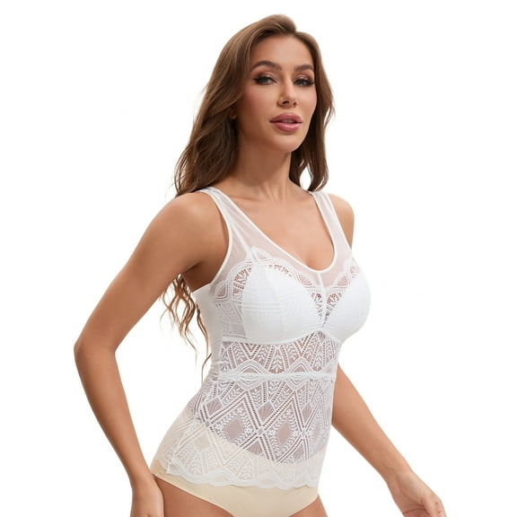 Unique Bargains Women's Lace Mesh V Back Wide Strap Fixed Cup Camisoles M White
