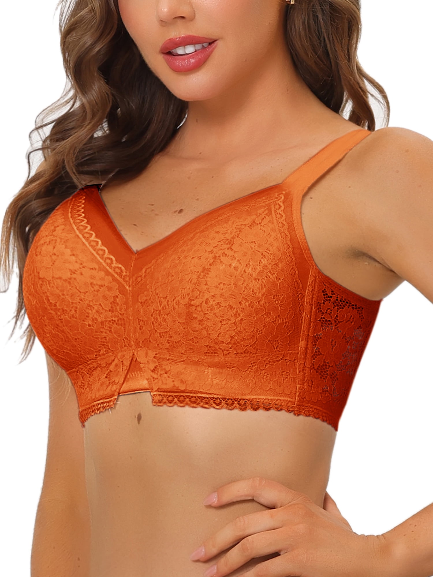 Unique Bargains Women's Lace Minimizer Bralette Full Coverage Wireless Bras 36C Orange Brown