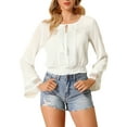 thumbnail image 1 of Unique Bargains Women's Lace Peasant Tie Neck Bell Sleeve Smocked Hem Cropped Top M White, 1 of 6