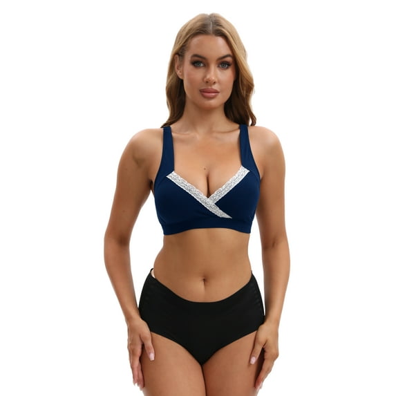 Unique Bargains Women's Lace Polka Dots Wirefree Sleep Nursing Bras M Dark Blue